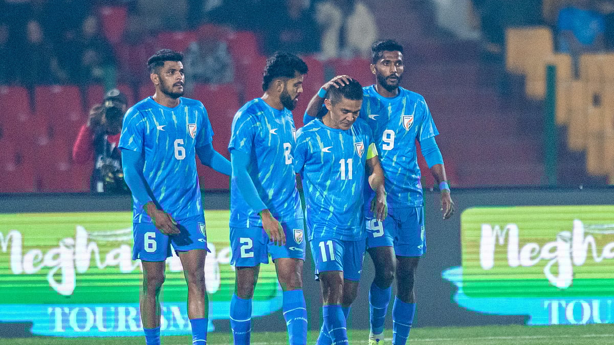 Photo: X | Special Arrangement : Indian players celebrating a goal against Maldives during an International Friendly match in Shillong.