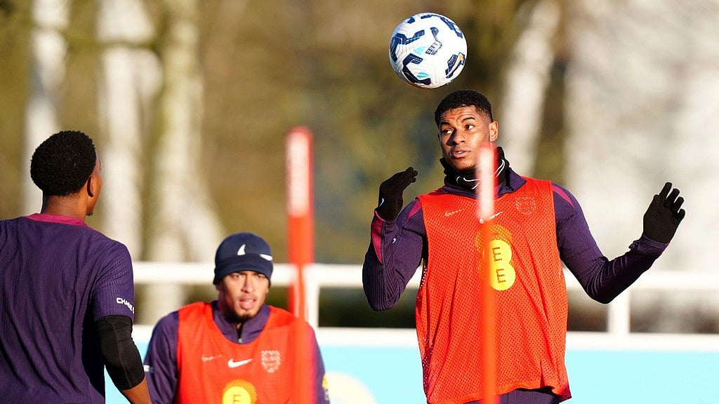 AP : England's Marcus Rashford (right) during a training session ahead of the FIFA World Cup qualifying match against Albania.