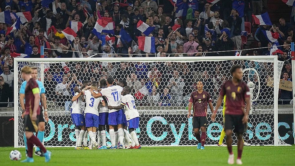 | Photo: AP/Laurent Cipriani : 2024–25 UEFA Nations League, France vs Belgium: French players celebrate the opening goal 