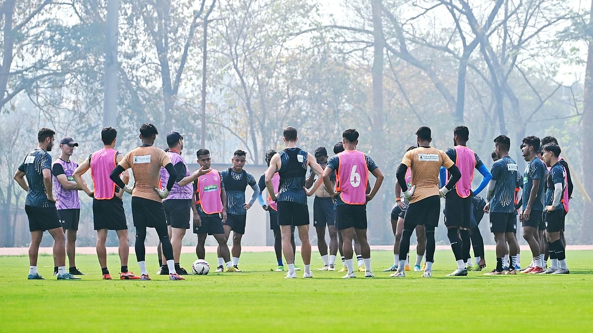 File : NorthEast United FC players during a practice session.