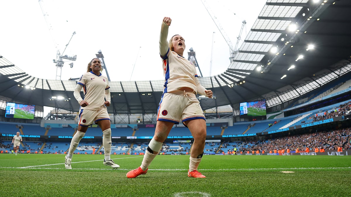 Erin Cuthbert celebrates her late goal against Manchester City