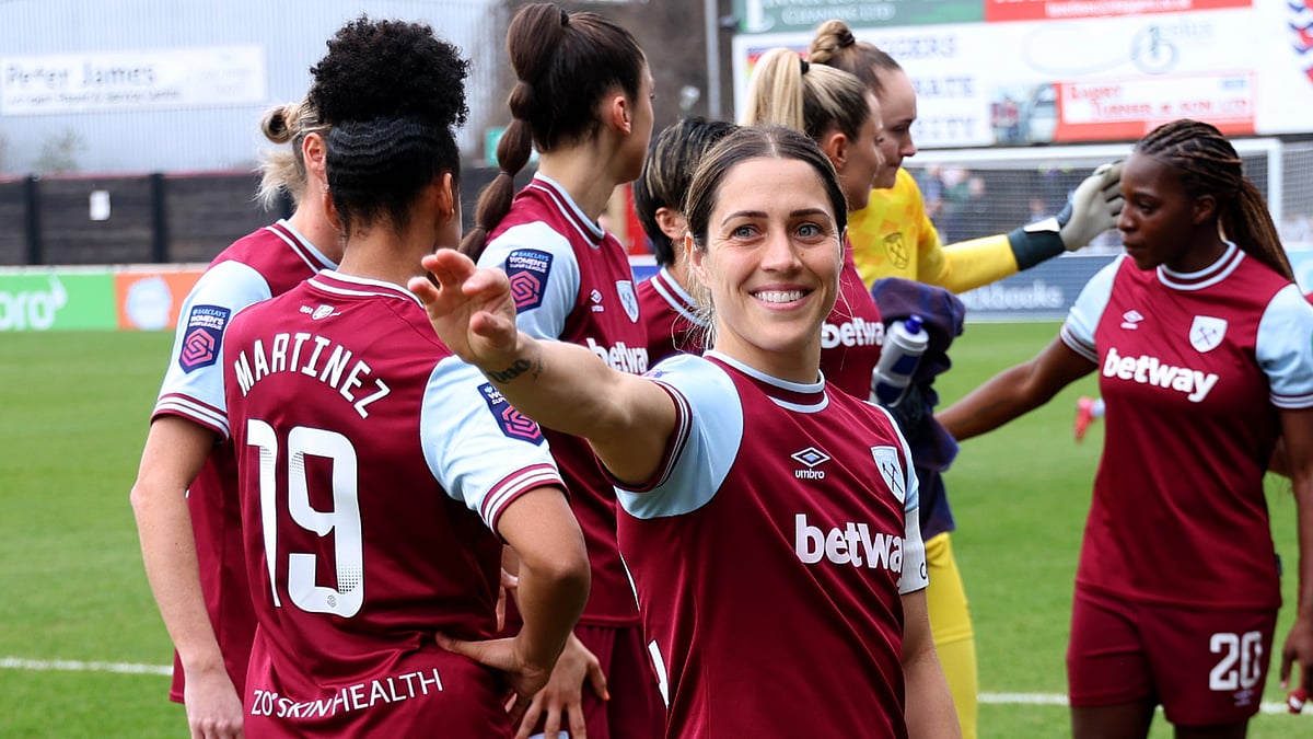 Katrina Gorry celebrates in West Ham's clash with Spurs.