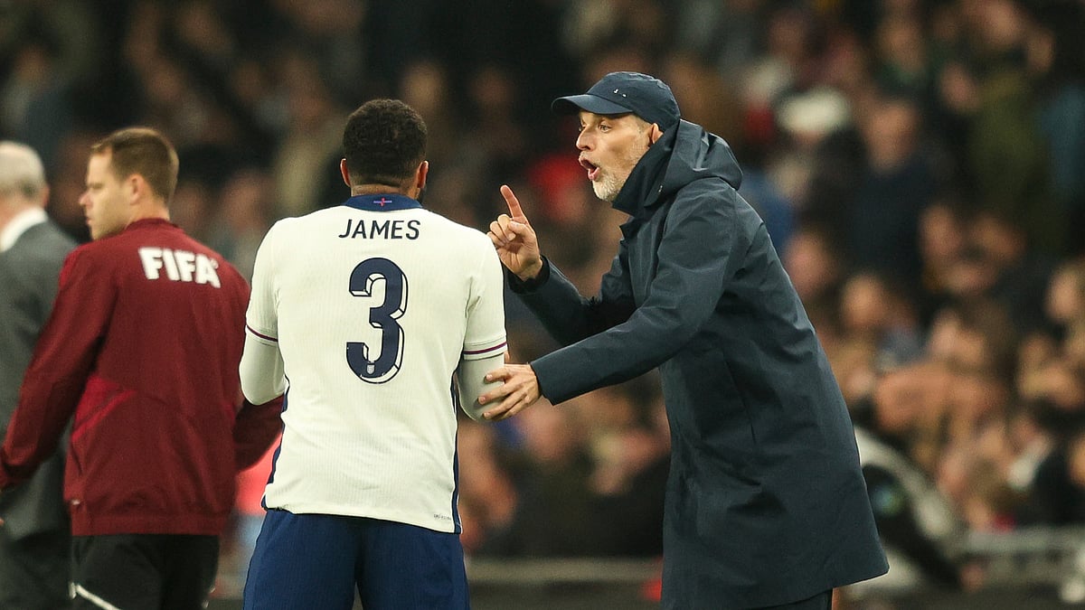 Reece James and Thomas Tuchel during England's 3-0 win over Latvia