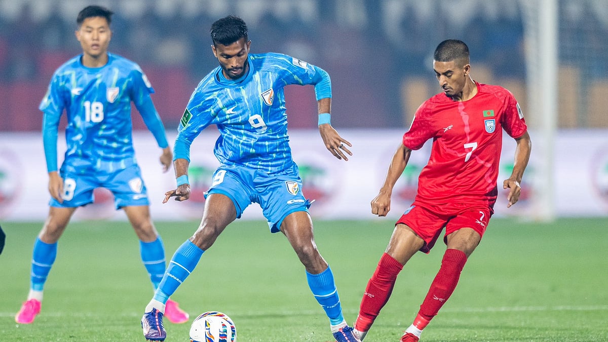X/Indian Football : India's Farukh Choudhary, left, and Bangladesh's Shekh Morsalin vie for the ball during the AFC Asian Cup qualifier football match in Shillong.