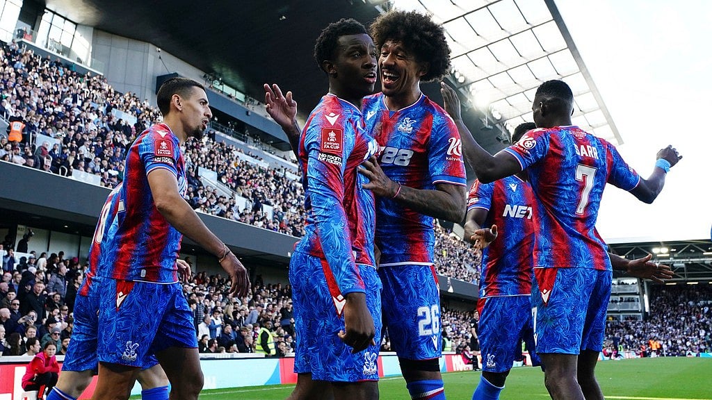 Photo: AP : Crystal Palace's Eddie Nketiah celebrates scoring his side's third goal against Fulham in the FA Cup quarter-finals