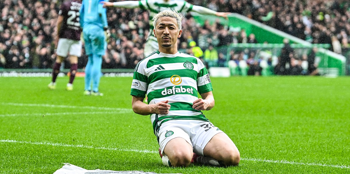 Daizen Maeda celebrates his goal against Hearts