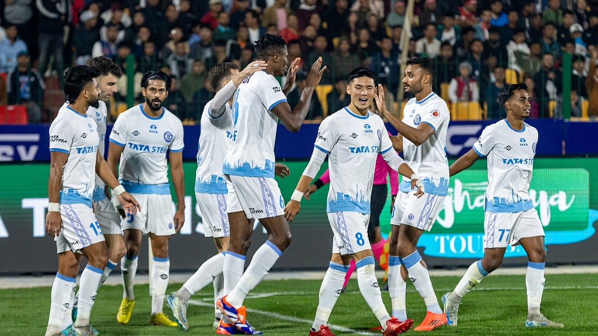 FSDL/ISL : Stephen Eze celebrates with teammates after scoring Jamshedpur FC's opening goal against NorthEast United. 