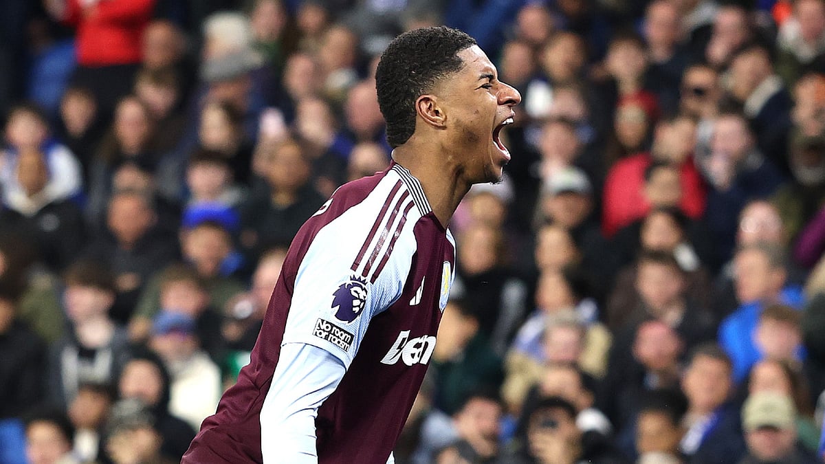 Marcus Rashford celebrates his goal at Brighton