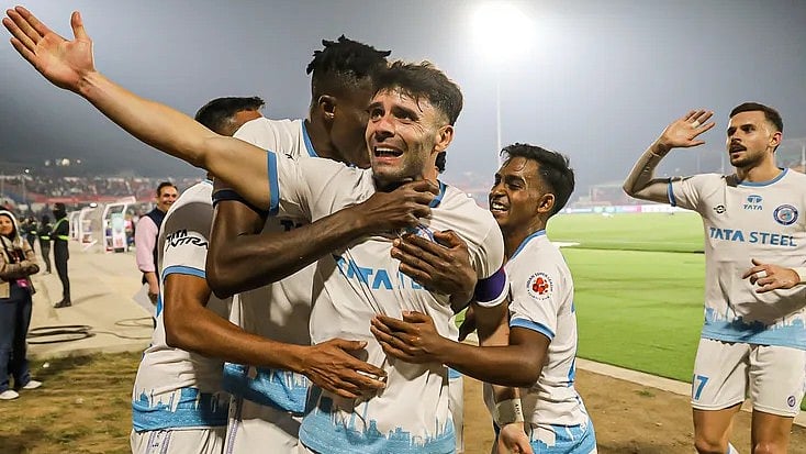 Photo: ISL/FSDL : Jamshedpur FC Vs Tribhuvan Army FC LIVE Score, Durand Cup 2025: Jamshedpur FC celebrate a goal from captain Javi Hernandez in the Indian Super League.