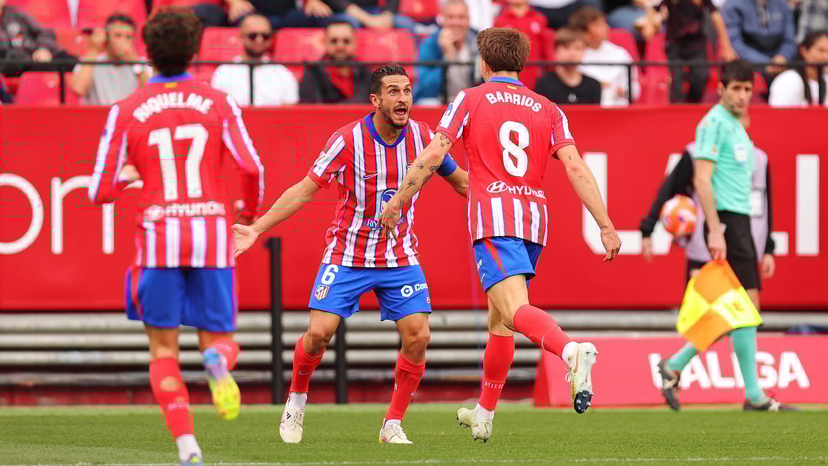 Pablo Barrios celebrates his winning goal for Atletico Madrid against Sevilla.