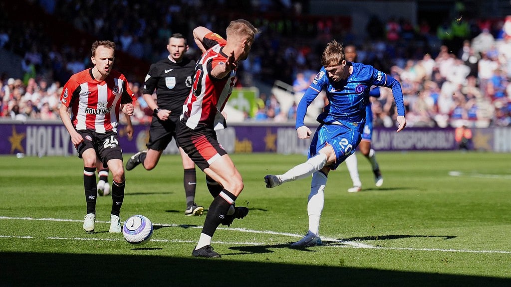 AP : Chelsea's Cole Palmer takes a shot during the English Premier League match against Brentford.