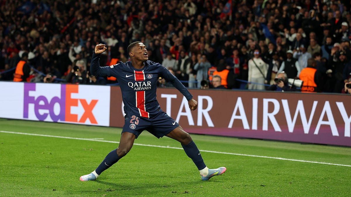 Nuno Mendes celebrates after scoring Paris Saint-Germain's third goal
