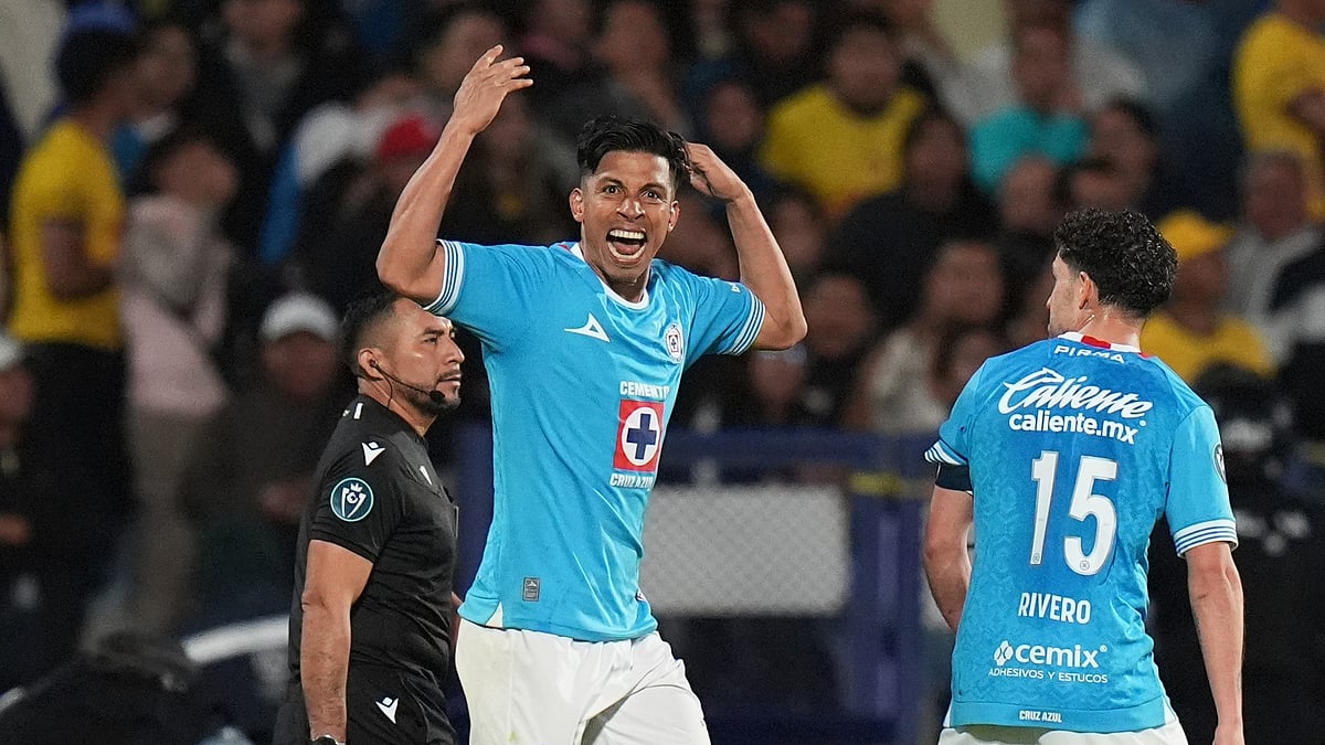 | AP Photo : Angel Sepulveda of Cruz Azul celebrates scoring his 2nd goal against America during their CONCACAF Champions Cup 2025 quarter-final second leg match in Mexico City on April 8, 2025.