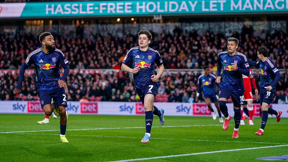 Leeds celebrate James' goal against Middlesbrough