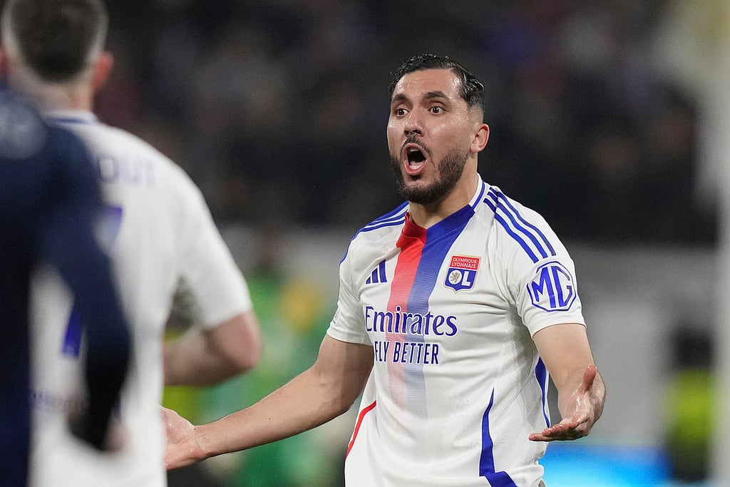 AP : Lyon's Rayan Cherki reacts during the Europa League quarterfinal first leg soccer match between Lyon and Manchester United at Groupama stadium in Decines, outside Lyon, France, Thursday, April 10, 2025. 