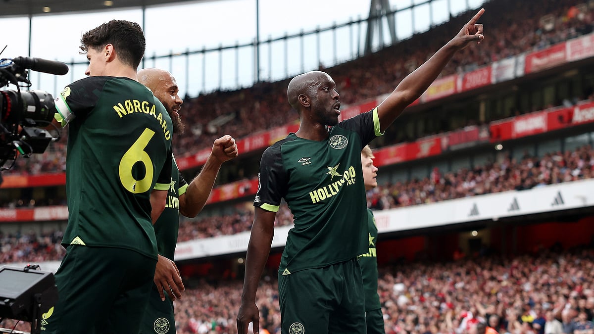 Yoane Wissa celebrates after scoring against Arsenal