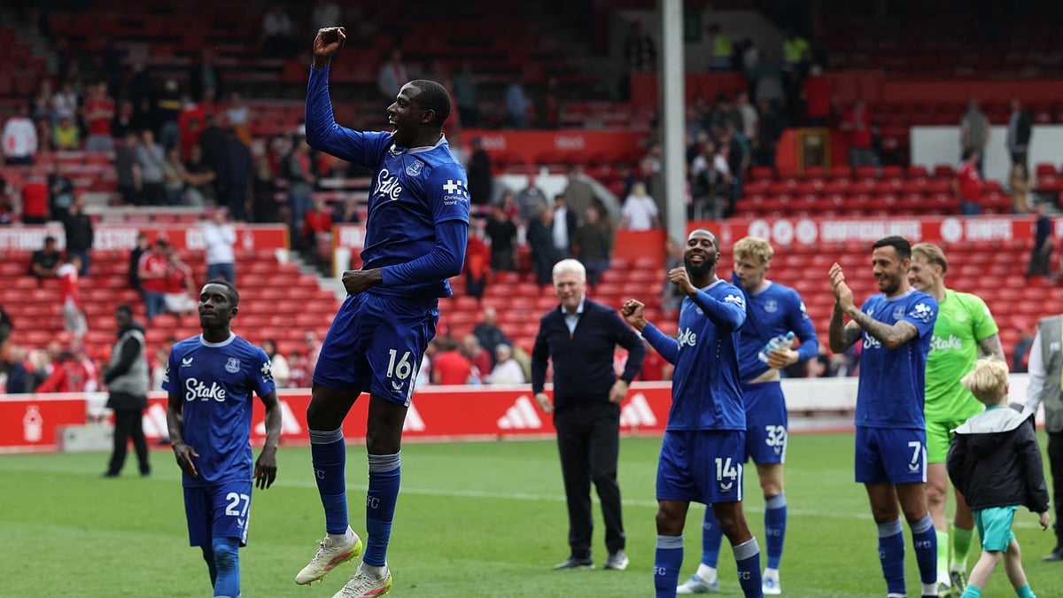 Abdoulaye Doucoure celebrates after Everton's win over Nottingham Forest.