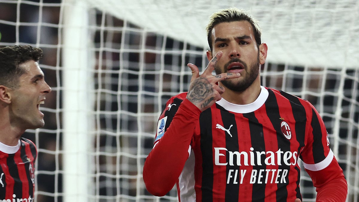 | Andrea Bressanutti/LaPresse : AC Milan's Theo Hernandez celebrates his goal during their Serie A match against Udinese at the Bluenergy Stadium in Udine on April 11, 2025.