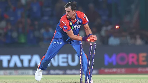 File : Mitchell Starc during the 2025 IPL season with the Delhi Capitals