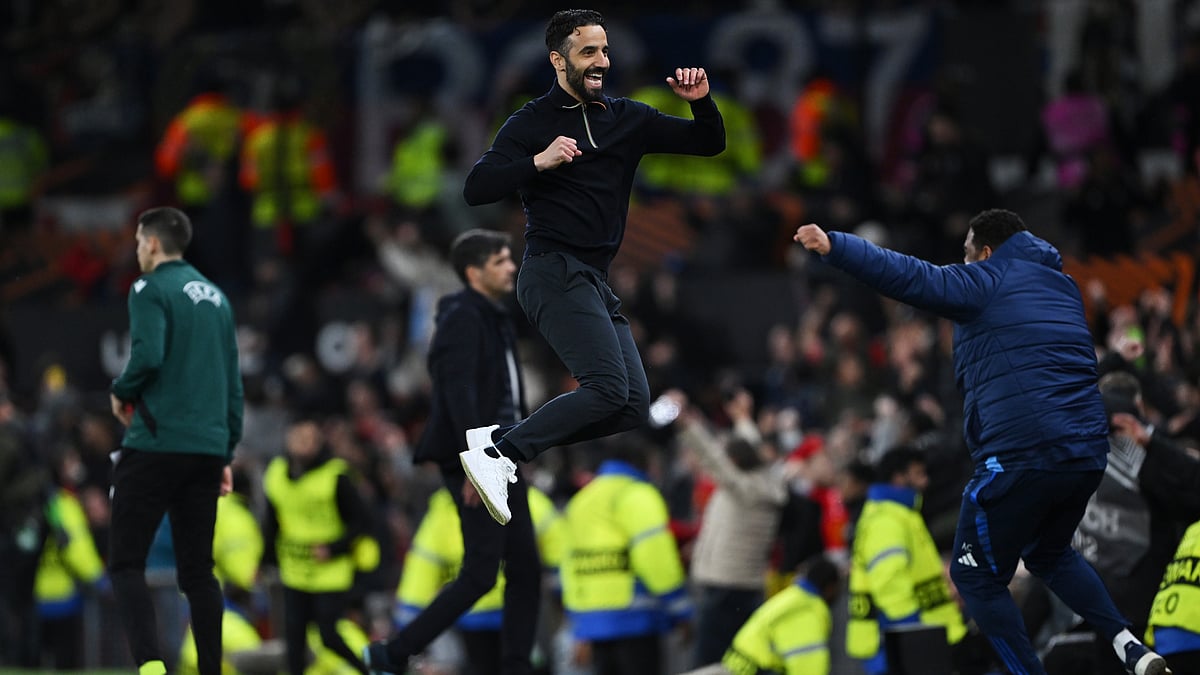 Ruben Amorim celebrates Manchester United's victory over Lyon.