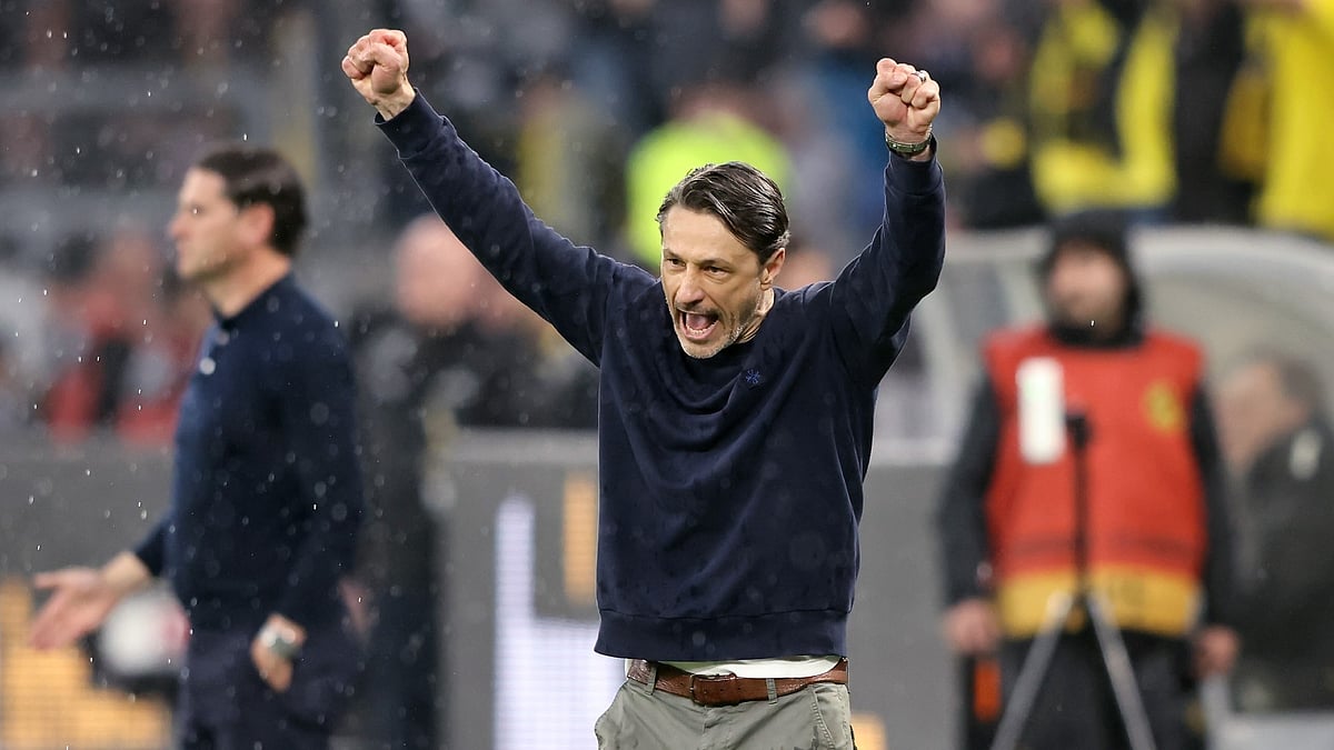 Niko Kovac celebrates Borussia Dortmund's 3-2 win over Borussia Monchengladbach.