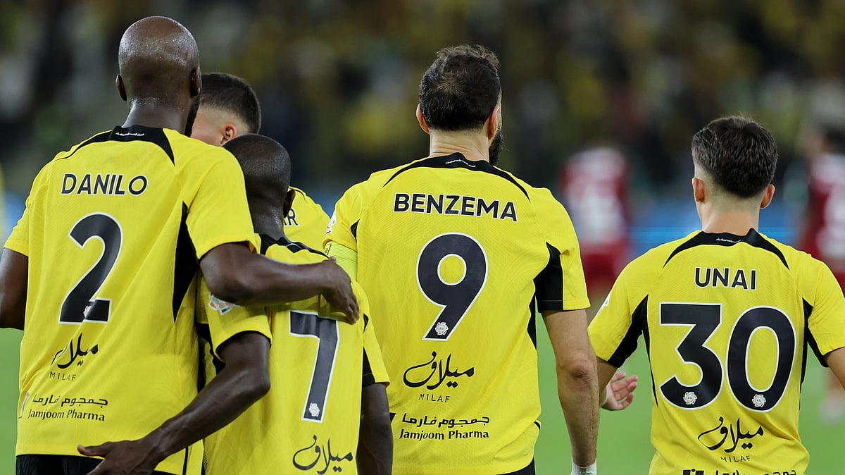 Photo: X/Al-Ittihad Club : Al-Ittihad celebrate Karim Benzema's goal during the Saudi Pro League match against Al-Ettifaq.