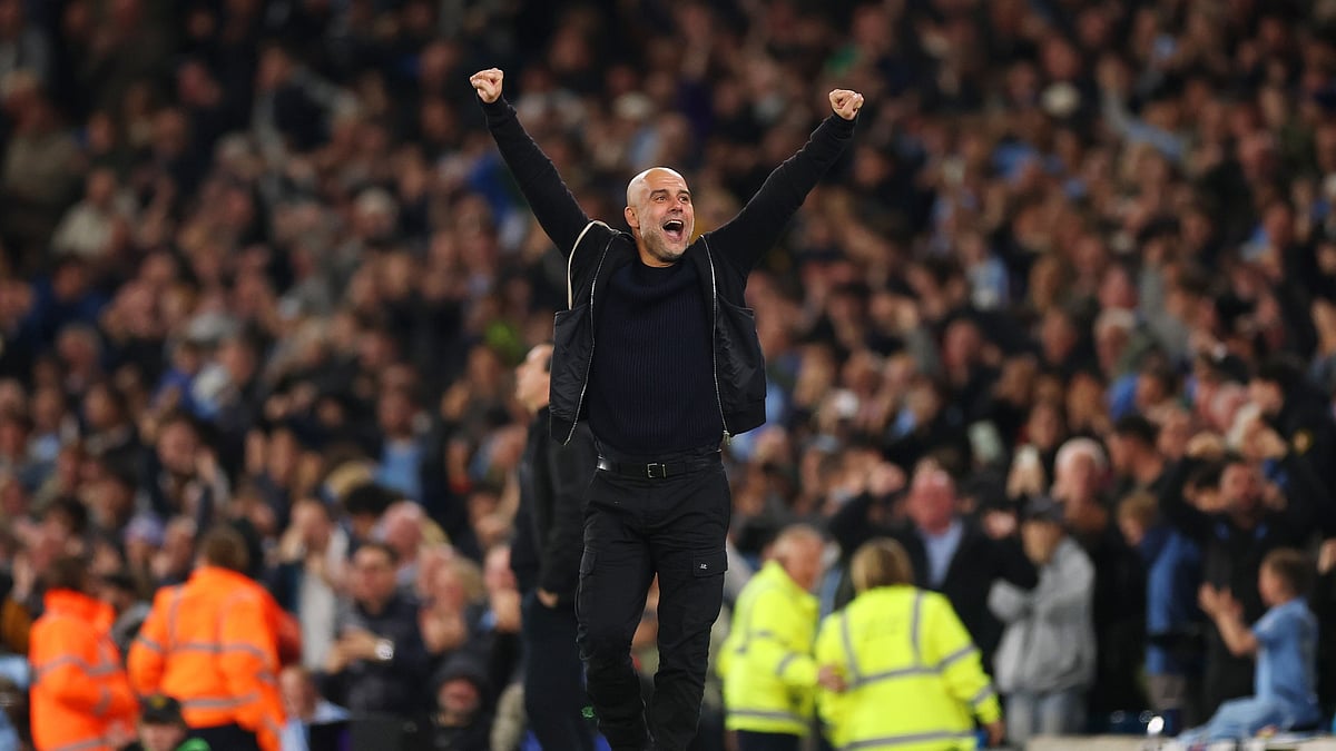 File : Pep Guardiola celebrates Manchester City's win over Aston Villa.