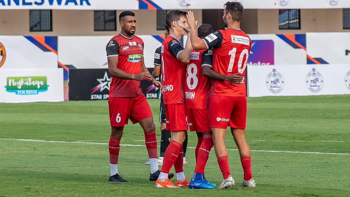 AIFF Media : NorthEast United celebrate a goal against Mohammedan Sporting.