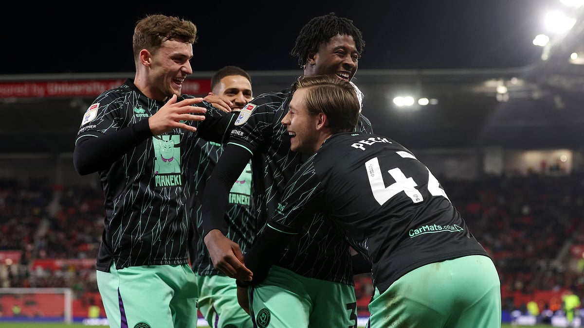 Sheffield United's players celebrate Andre Brooks' goal