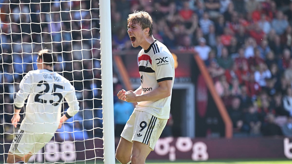 Rasmus Hojlund celebrates his goal against Bournemouth in their Premier League match.