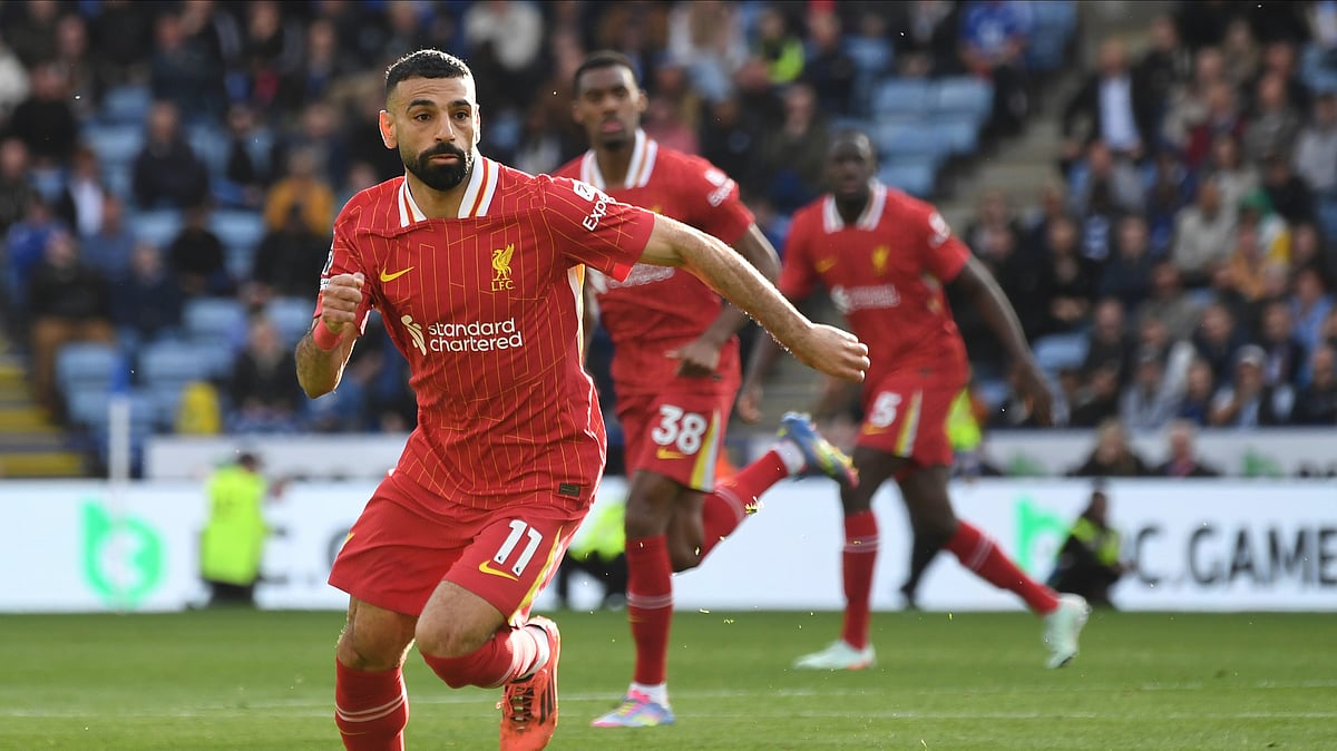 (AP Photo/Rui Vieira) : Liverpool's Mohamed Salah in action during the English Premier League soccer match between Leicester City and Liverpool at King Power stadium in Leicester, England, Sunday, April 20, 2025.

