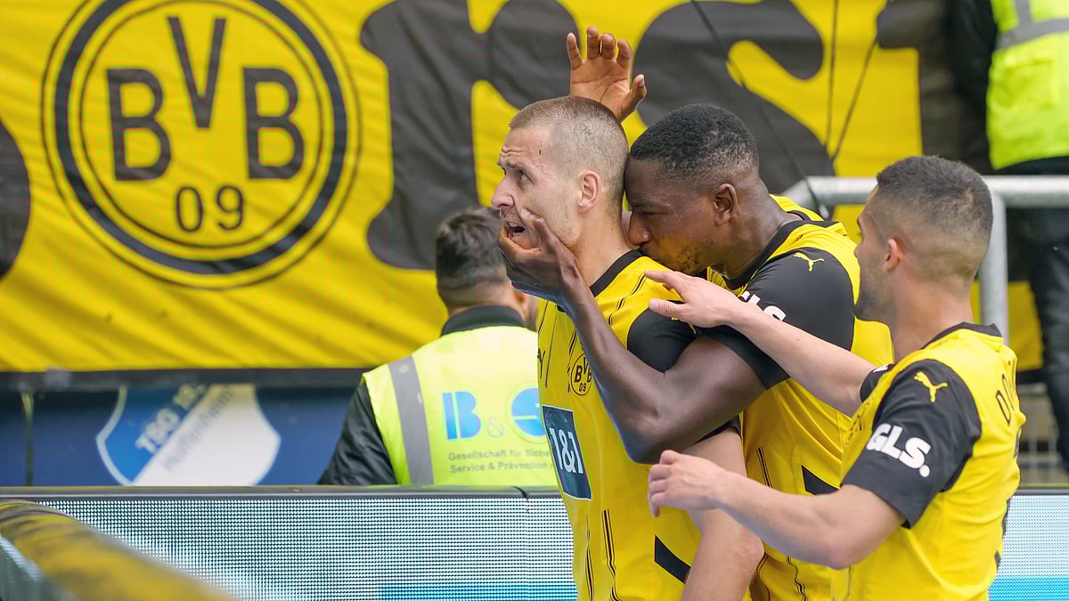 Waldemar Anton celebrates after scoring Borussia Dortmund's winner