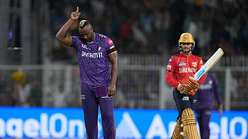 AP Photo/Bikas Das : Kolkata Knight Riders Andre Russell celebrates the wicket of Punjab Kings Priyansh Arya at Eden Gardens in Kolkata in Kolkata.