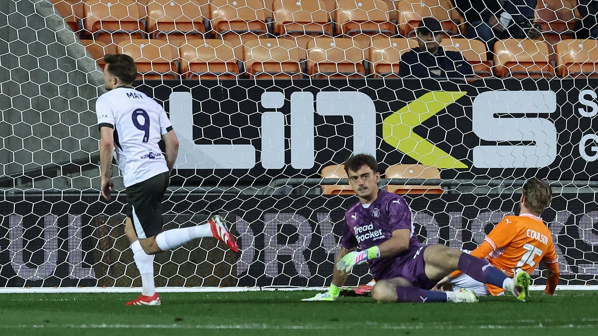 Alfie May scores Birmingham's second goal against Blackpool.