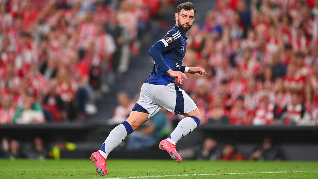Photo: AP : Manchester United's Bruno Fernandes celebrates after scoring his side's second goal during the Europa League semi-final first leg match against Athletic Bilbao.