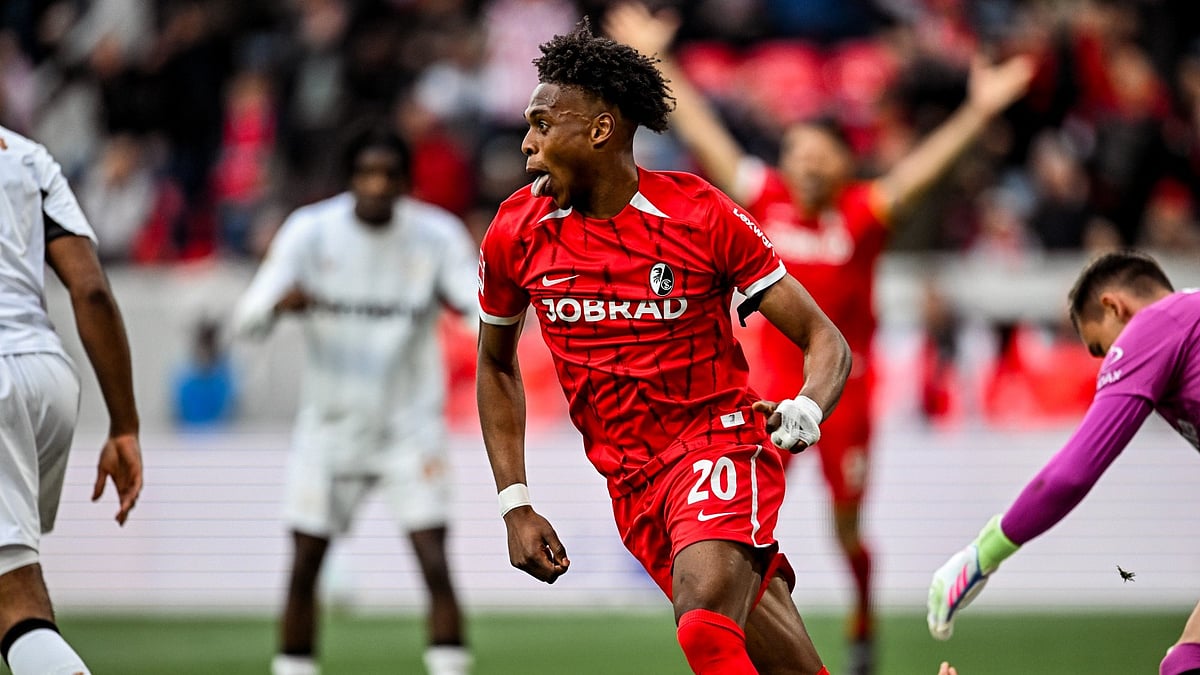 | Photo: Bluesky/scfreiburg.com : SC Freiburg's Chukwubuike Adamu celebrates after the second goal against Bayer Leverkusen in the German Bungesliga match.