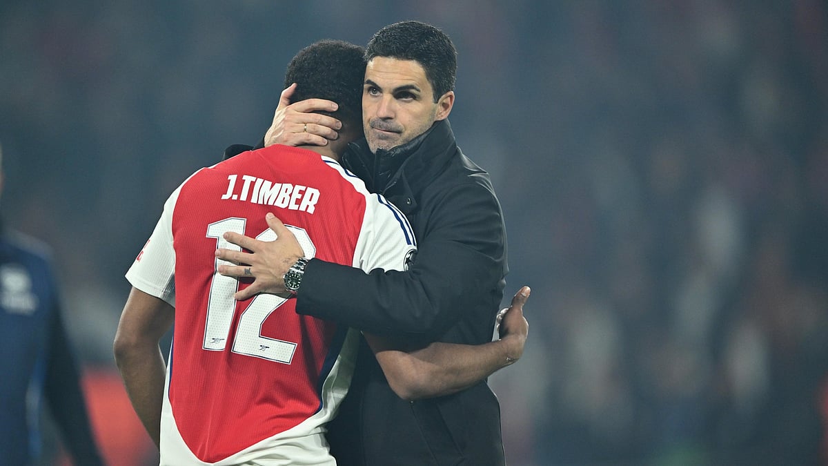 File Photo : Mikel Arteta and Jurrien Timber after Arsenal defeat.