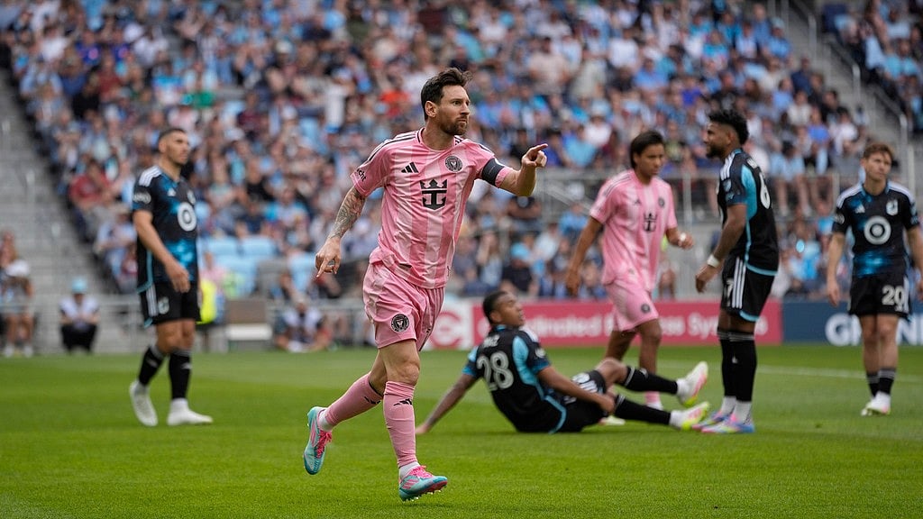 AP : Inter Miami forward Lionel Messi (10) celebrates after scoring a goal during the second half of an MLS soccer match against Minnesota United.