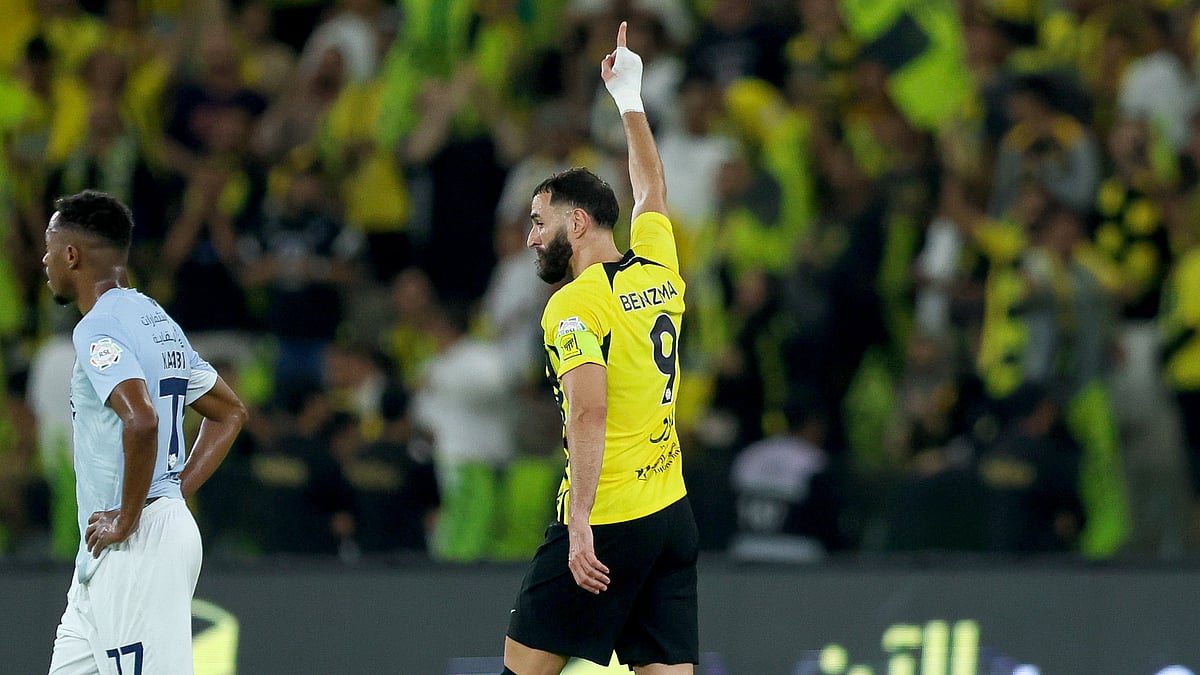 Karim Benzema celebrates his goal against Al-Fayha