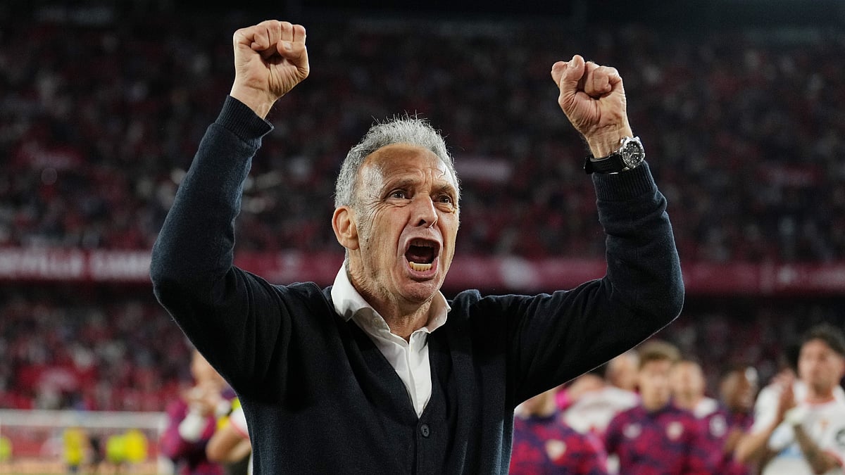 Sevilla head coach Joaquin Caparros celebrates their victory