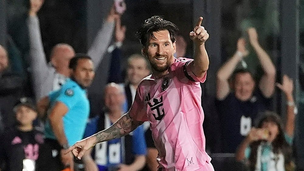 | Photo: AP/Rebecca Blackwell : CONCACAF Champions Cup: Inter Miami forward Lionel Messi celebrates scoring his side's first goal 