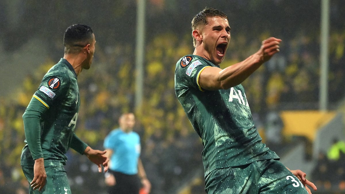 Micky van de Ven (R) pictured during Tottenham's win over Bodo/Glimt in the Europa League semi-finals