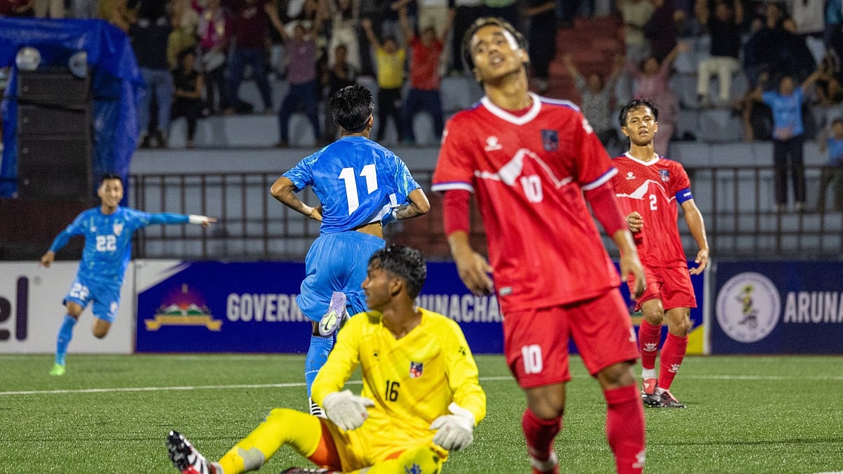 | Photo: X/IndianFootball : India U-19's Chaphamayum Rohen Singh celebrates after scoring against Nepal U-19 in the SAFF U-19 Championship 2025.