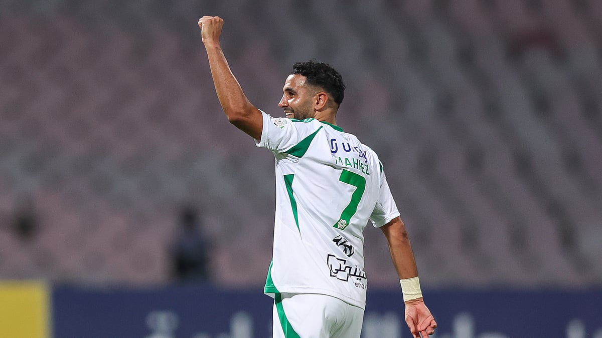 Riyad Mahrez celebrates his goal for Al-Ahli