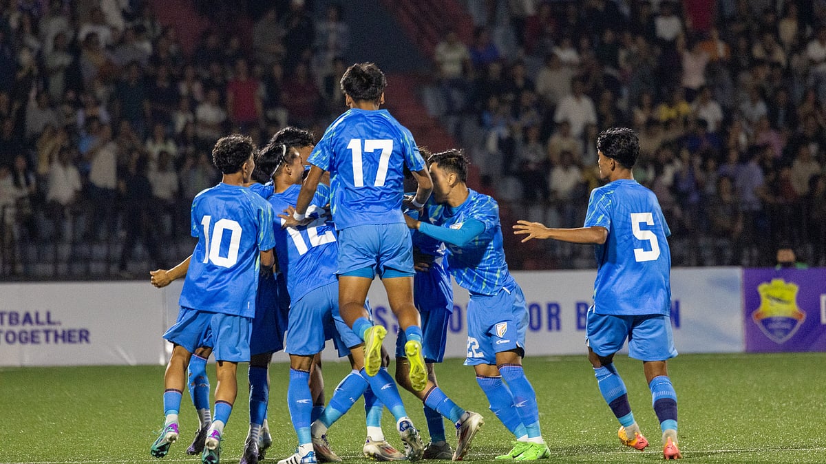 Special Arrangement : Indian players celebrate their victory after beating Bangladesh on penalties to claim the SAFF U-19 Championship 2025 title.