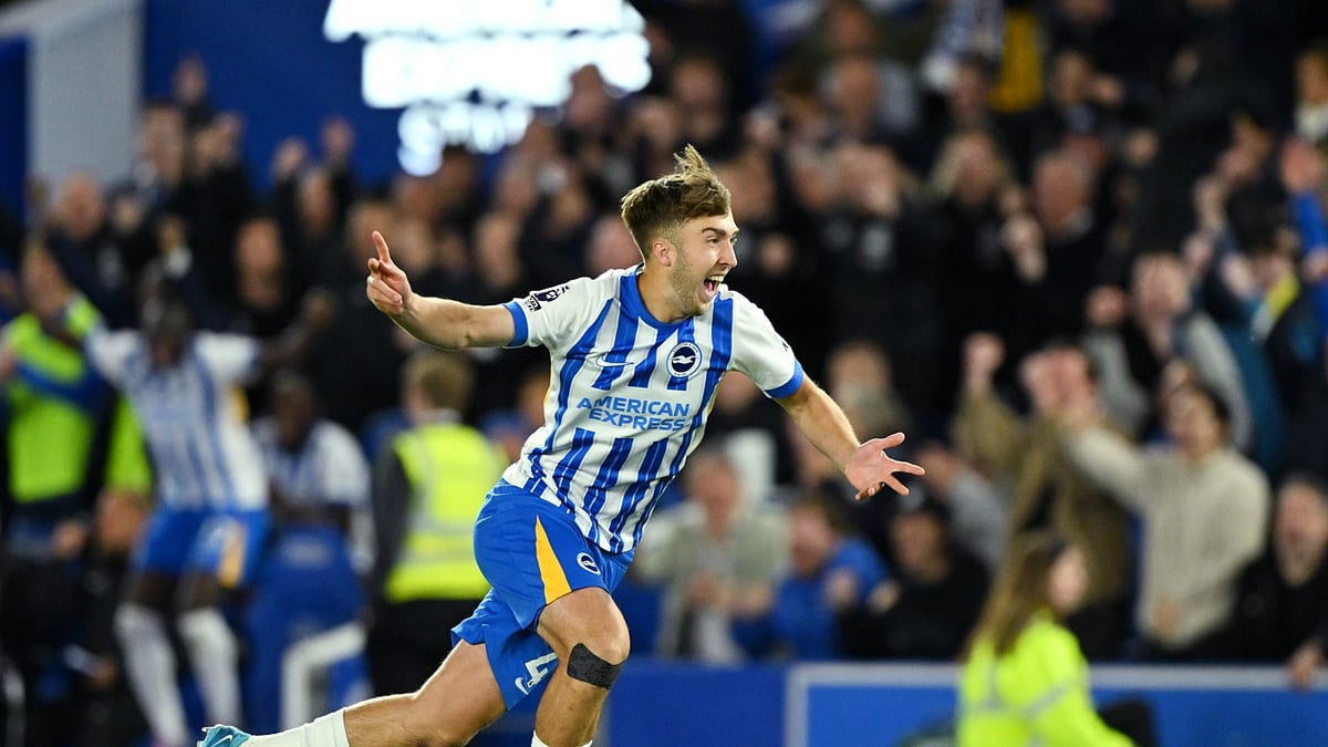 Jack Hinshelwood celebrates his winner during Brighton 3-2 Liverpool, Premier League match. 