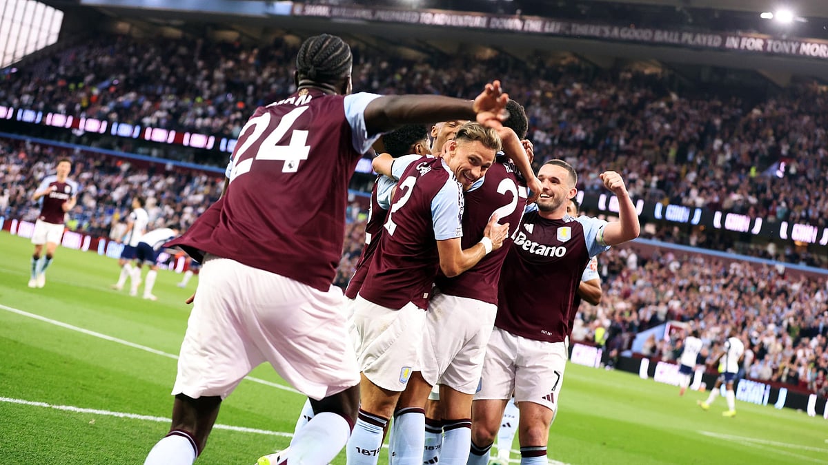 File : Aston Villa celebrate after scoring against Tottenham Hotspur.