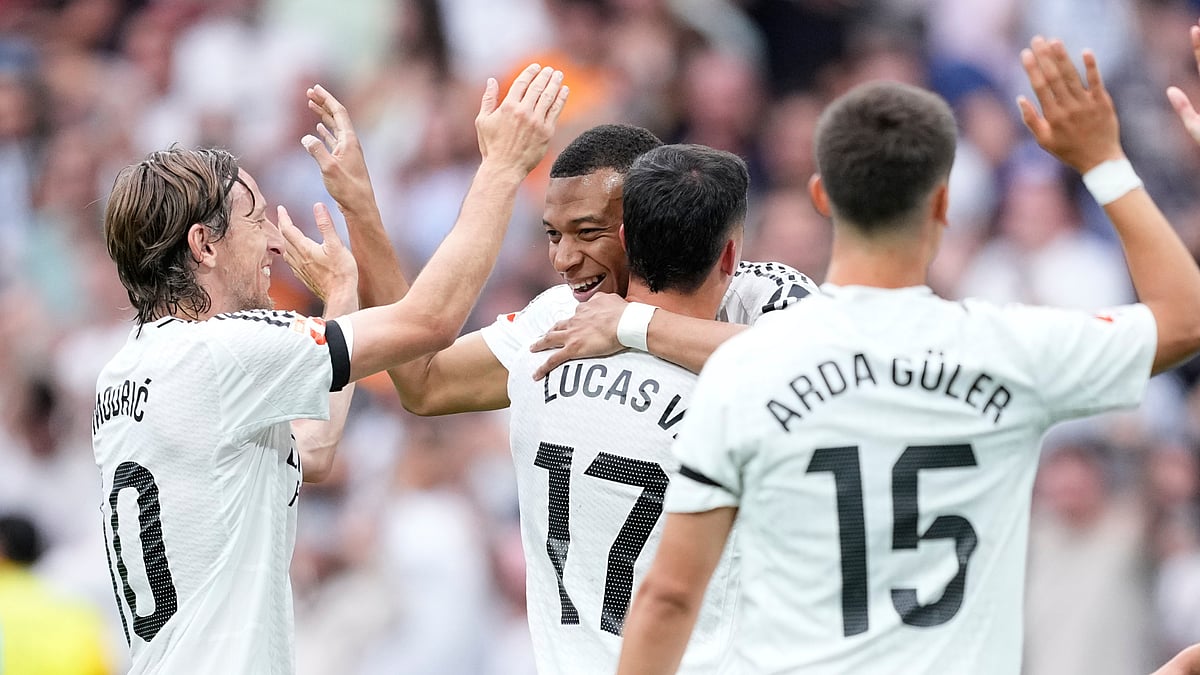 Kylian Mbappe celebrates his goal against Real Sociedad