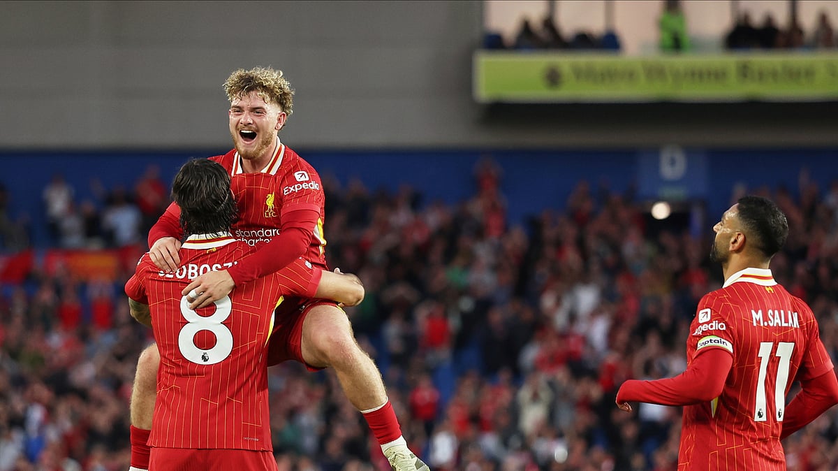 AP Photo/Ian Walton : Liverpool's Dominik Szoboszlai celebrates with Liverpool's Harvey Elliott and Liverpool's Mohamed Salah, right, after scoring his side's second goal during the English Premier League football match in Brighton.