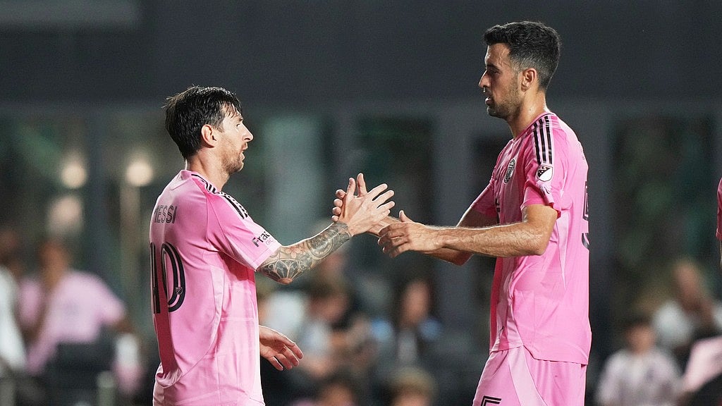 AP/Lynne Sladky : Inter Miami forward Lionel Messi (10) with teammate Sergio Busquets after scoring a goal during the first half of an MLS soccer match against CF Montreal, Wednesday, May 28, 2025, in Fort Lauderdale.